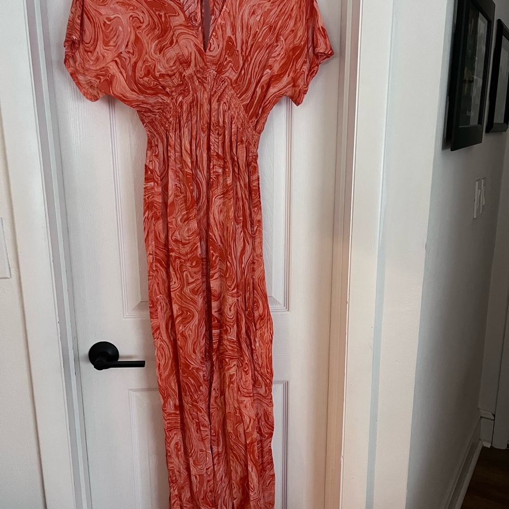 MICHAEL Michael Kors Orange and White Resort Maxi Dress with Plunge Neckline